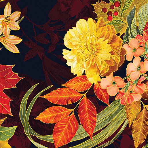 Fall Floral Fabric - Metallic Accents - Harvest Festival by Benartex - 100% Cotton - Fall Holiday Material Autumn fabric - SHIPS NEXT DAY