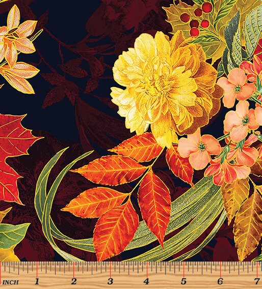 Fall Floral Fabric - Metallic Accents - Harvest Festival by Benartex - 100% Cotton - Fall Holiday Material Autumn fabric - SHIPS NEXT DAY