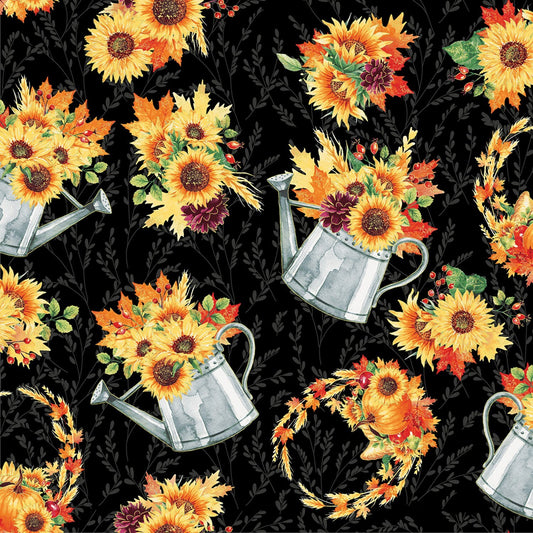 Fall Fabric - Sunflower fabric - With Metallic Accents - Fall Blooms by Hoffman - 100% Cotton - Thanksgiving material - SHIPS NEXT DAY
