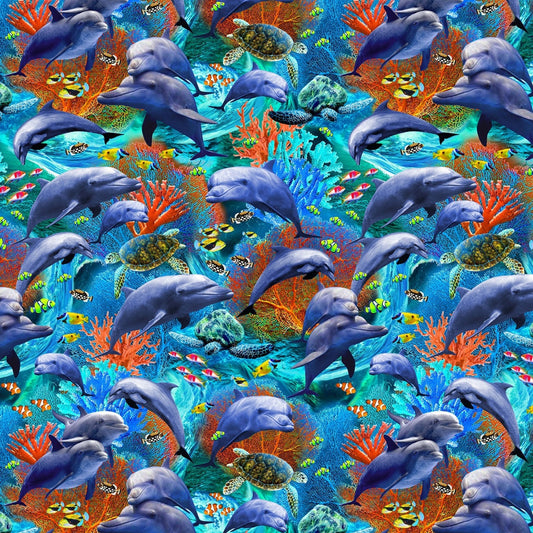Dolphin Fabric - Michael Miller Jewels of the Sea - 100% Cotton - Ocean Fabric Beach Print Sea Life - Ships NEXT DAY
