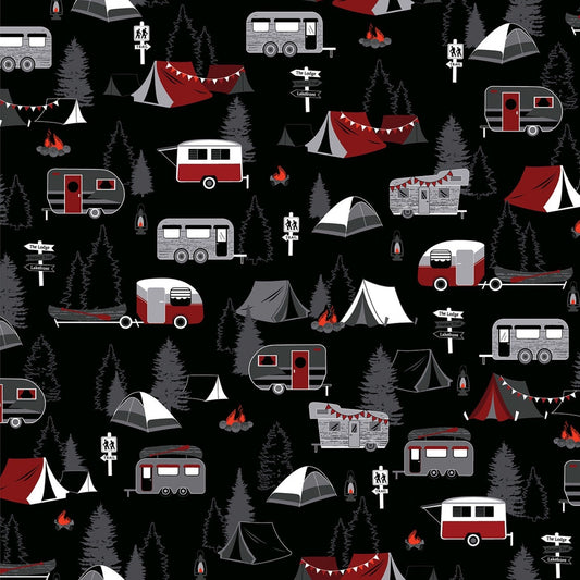 Gone Camping Fabric - 100% Cotton Fabric - Great Outdoors - Kanvas by Benartex - Fishing fabric Wilderness Cabin Hiking Tent- Ships NEXT DAY