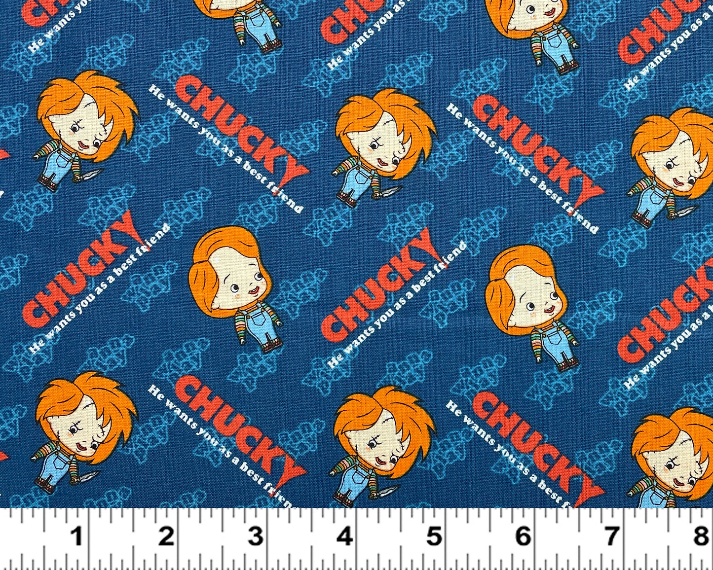 Chucky Fabric - 100% Cotton Fabric by the yard - Camelot Fabrics - Out of Print - Halloween fabric Best Friend Horror movie - Ships NEXT DAY