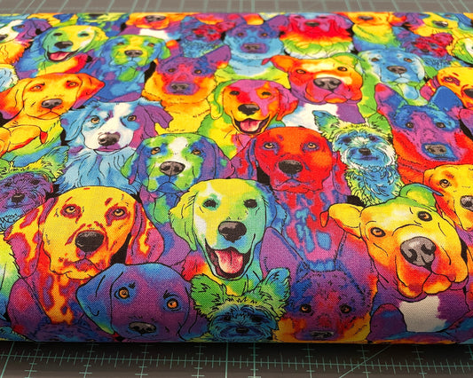 Packed Dog Rainbow Fabric - 100% cotton - Bright colorful rainbow material dog fabric quilting cotton Tie Dye Novelty - SHIPS NEXT DAY