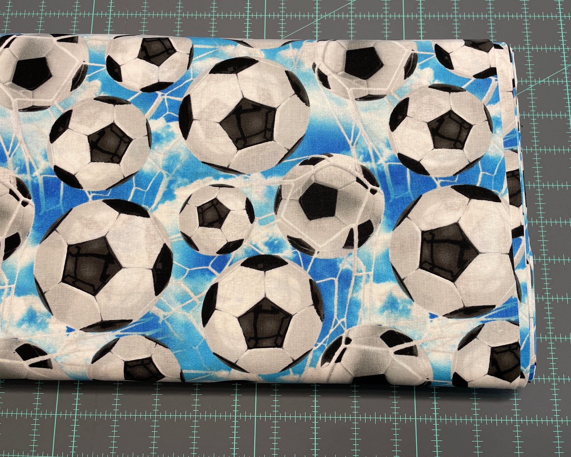 Soccer Fabric - 100% Cotton - Quilting Cotton - Blue Soccer Sky with Net - Sports Fabric - Black and White Soccer ball - Ships NEXT DAY