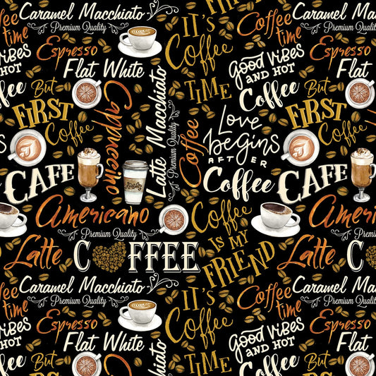 Coffee fabric - Fresh Brewed Words by Benartex - 100% Cotton - Cafe theme Americano Latte Mocha Hot Coffee Quilting Cotton - Ships NEXT DAY