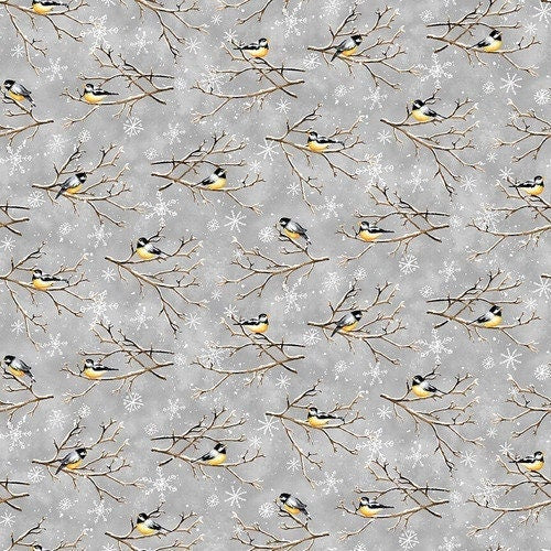 Chickadee Bird fabric - Bundle-Up collection by Barb Tourtillotte for Henry Glass - 100% Cotton - Snow Bird on tree branch - Ships NEXT DAY
