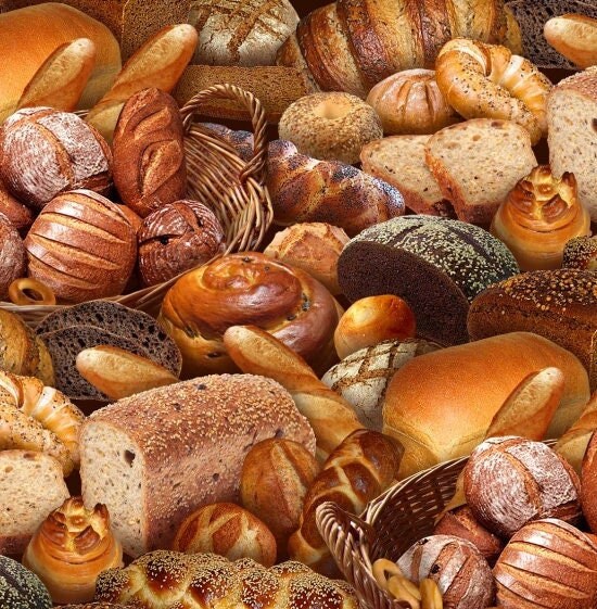 Bread Fabric - Food Festival collection by Elizabeth Studios - 100% Cotton Fabric - Food theme Baking Bread Loaf Kitchen - Ships NEXT DAY
