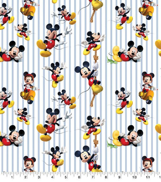 Mickey Mouse Stripe Fabric - Disney Funhouse Stripe - 100% Cotton Fabric - Mickey climbing rope Mickey moped Mickey dancing - SHIPS NEXT DAY