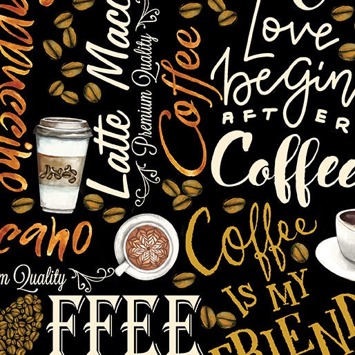Coffee fabric - Fresh Brewed Words by Benartex - 100% Cotton - Cafe theme Americano Latte Mocha Hot Coffee Quilting Cotton - Ships NEXT DAY