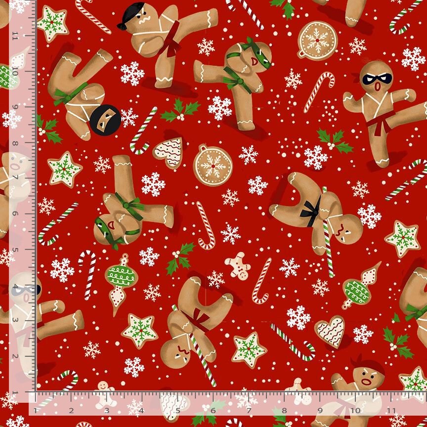 Gingerbread Ninja Fabric - Christmas Cookies - 100% cotton - Timeless Treasures - Martial Arts Baking Gingerbread Man - SHIPS NEXT DAY