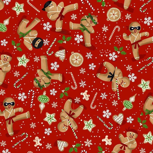 Gingerbread Ninja Fabric - Christmas Cookies - 100% cotton - Timeless Treasures - Martial Arts Baking Gingerbread Man - SHIPS NEXT DAY