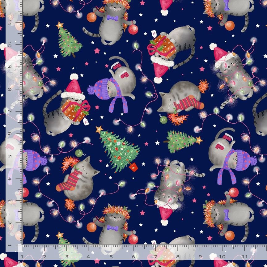 Christmas Cat Fabric - Holiday Cats - 100% cotton - Timeless Treasures - Grey cat Navy Holiday lights cat in hat - SHIPS NEXT DAY