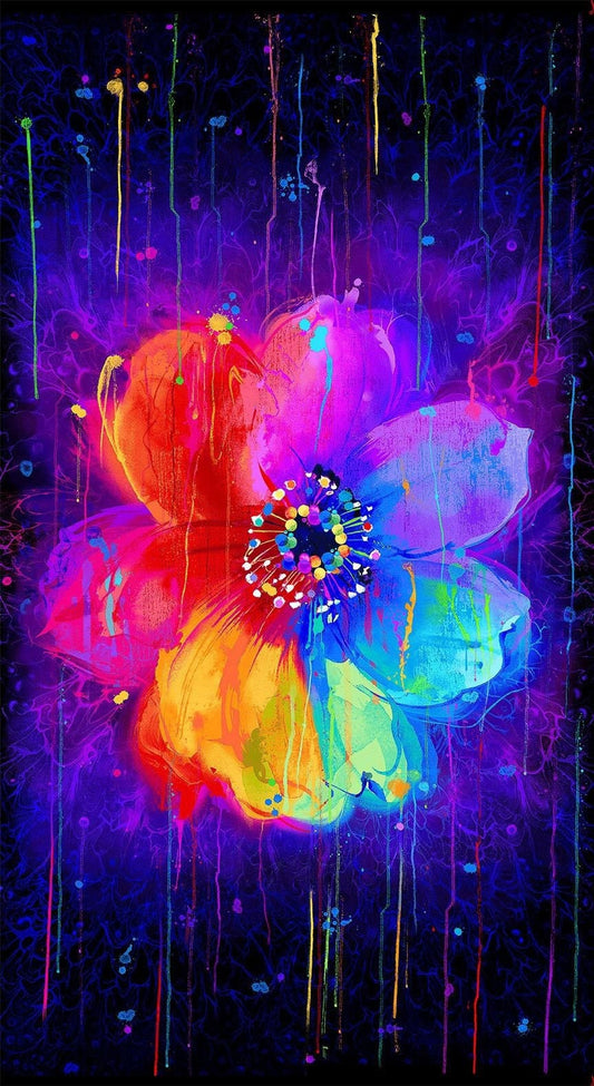 Paint Drip Flower Panel - 23" x 44" - 100% Cotton fabric - Timeless Treasures - Bright multicolor floral print material - Ships Next Day