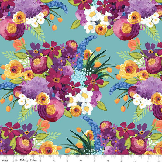 Floralicious Main Aqua - Riley Blake - 100% Cotton Fabric - Colorful Flower Fabric Modern Floral Bouquet - SHIPS NEXT DAY