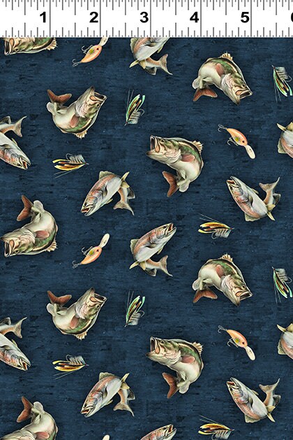 Fishing fabric - Back Country Digital Fish Light Navy - 100% Cotton - Clothworks - Bass fish material fish quilting cotton - SHIPS NEXT DAY