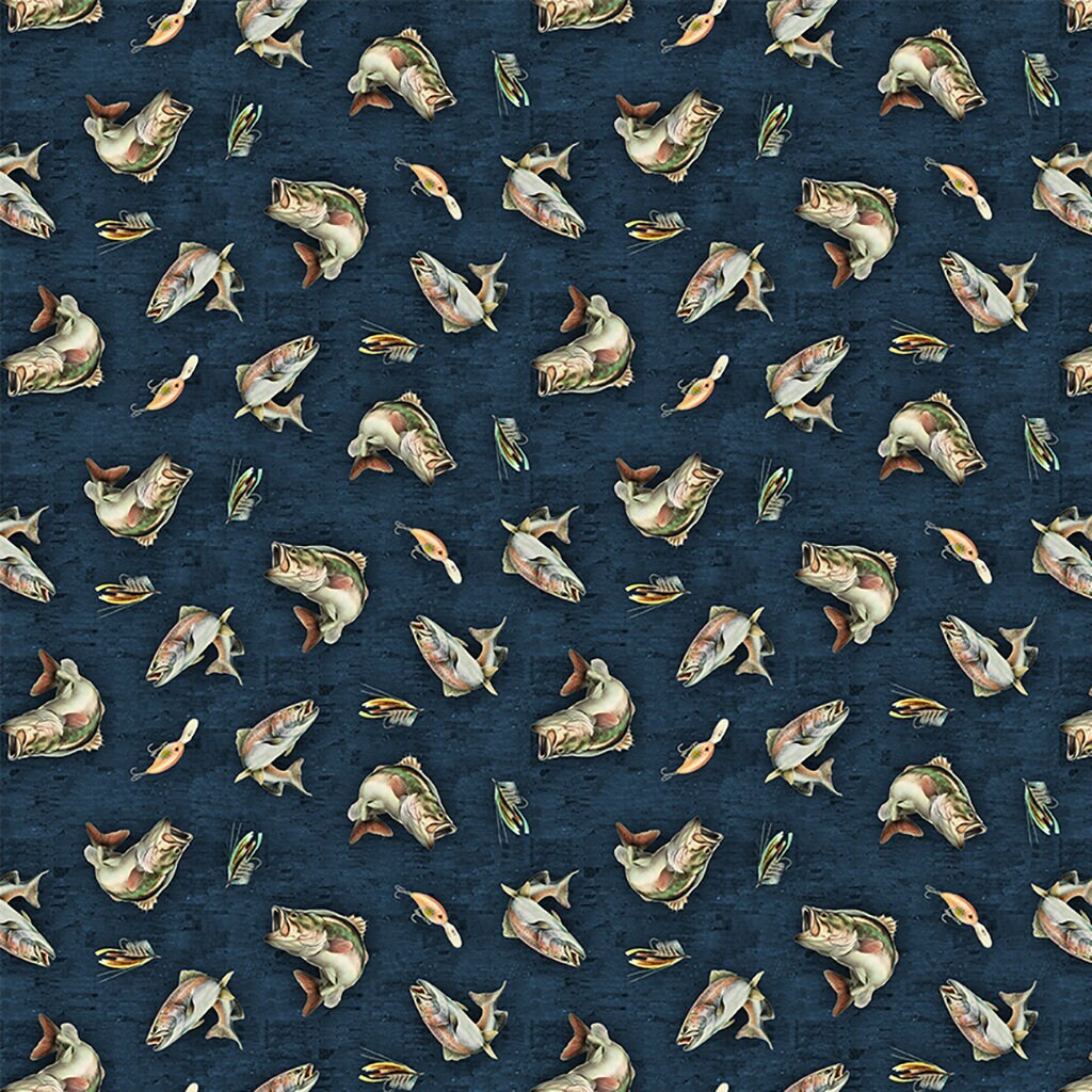 Fishing fabric - Back Country Digital Fish Light Navy - 100% Cotton - Clothworks - Bass fish material fish quilting cotton - SHIPS NEXT DAY