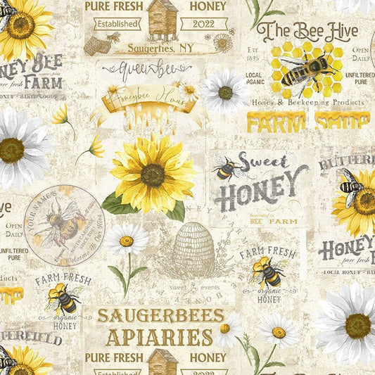 Honey Bee Farm fabric - Vintage Bee Farm Sign - Timeless Treasures - 100% Cotton Fabric - Bee Hive Queen Bee Apiaries - Ships NEXT DAY
