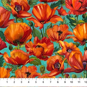 Poppy Flower Fabric - Packed Poppies Turquoise - 100% Cotton - Northcott - Charisma Collection - flower quilting material - Ships NEXT DAY