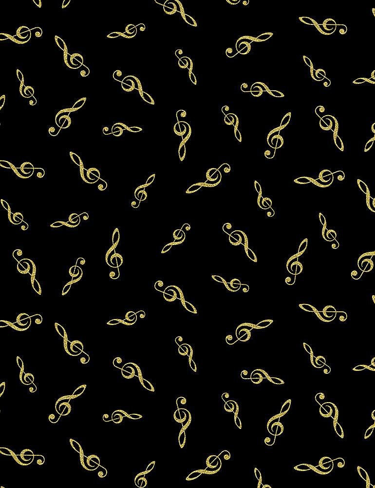 Music fabric with METALLIC accents - Tossed Metallic G-Clefts - 100% Cotton - Timeless Treasures - Band instrument fabric Orchestra material