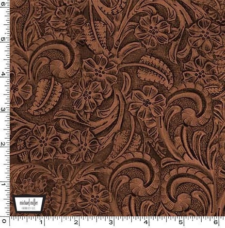 Tooled Leather COTTON Fabric - Mahogany - Big Sky Country Collection - Not real leather - Faux leather floral Material - Ships Next Day