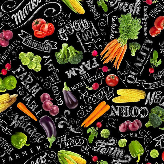 Vegetable Chalkboard Fabric - Farm Stand Collection by Timeless Treasures - 100% Cotton - Colorful veg print healthy vegan Quilting Cotton