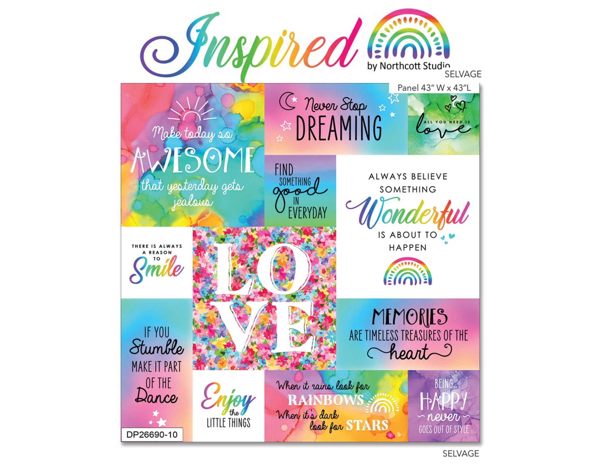 Inspired Panel - 43" Square - 100% cotton fabric - Inspirational Words - Be positive - Enjoy Little Things - Happy - Multicolored Rainbow