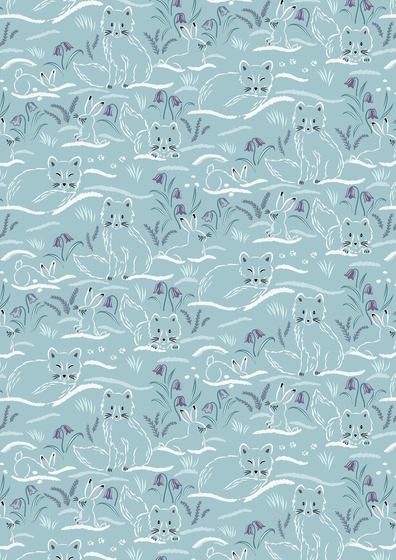 Arctic Fox and Rabbit Fabric - Haring Around on Arctic Blue - 100% Cotton - by Lewis & Irene - Winter Snow Animals - Snowshoe hare