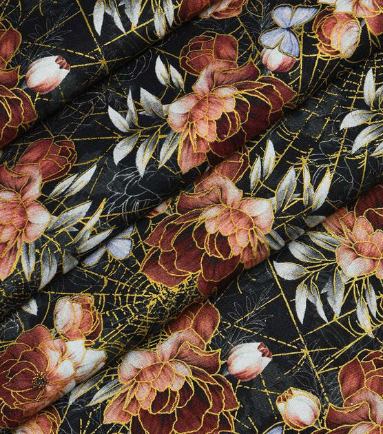 Metallic Floral Spider Web Fabric - 100% Cotton Fabric by the yard - Metallic spider web sophisticated Halloween fabric