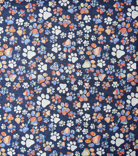 Paw Print fabric - Multicolor Paw Prints on Navy - Dog Paw Cat Paw - Colorful Dog Fabric