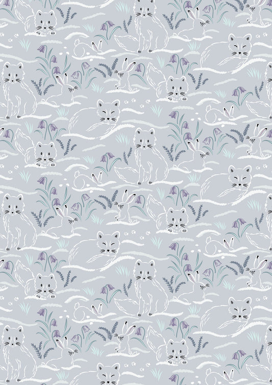 Arctic Fox and Rabbit Fabric - Haring Around on Grey - 100% Cotton - by Lewis & Irene - Winter Snow Animals - Snowshoe hare