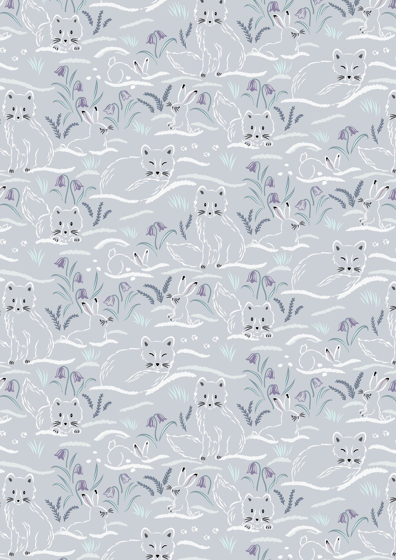 Arctic Fox and Rabbit Fabric - Haring Around on Grey - 100% Cotton - by Lewis & Irene - Winter Snow Animals - Snowshoe hare