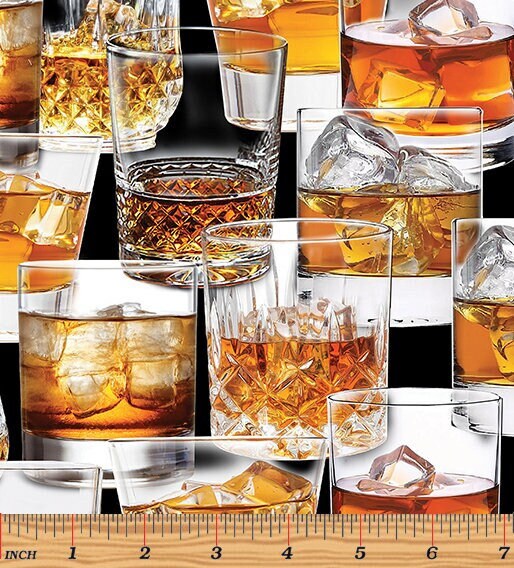 Drink Glassware Fabric - Benartex Top Shelf collection - 100% Cotton - Bar Glasses Whiskey Glass quilting cotton man cave Bartender gift