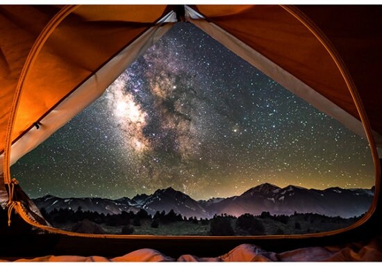 Camping Fabric Panel 42 5/8" x 29 1/4" - 100% Cotton - Hoffman - Sleeping Under the Stars - Star Landscape - Night Sky Tent Mountains