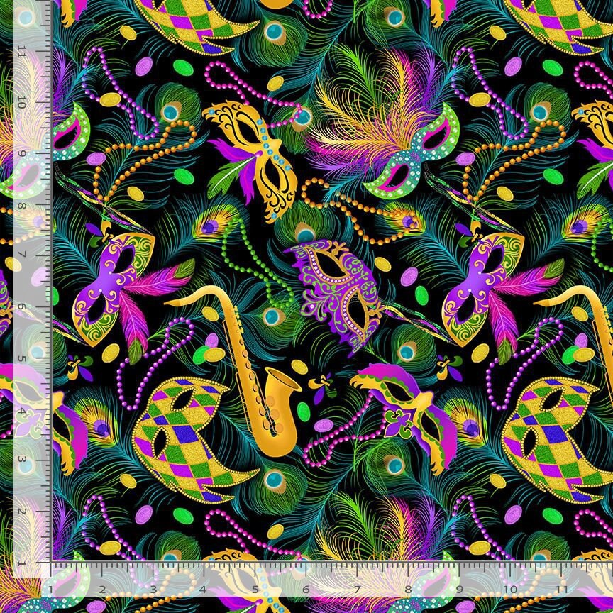 Mardi Gras Mask & Feather Fabric - Timeless Treasures - 100% cotton - Mardi Gras Parade Collection - Carnival French Quarter New Orleans