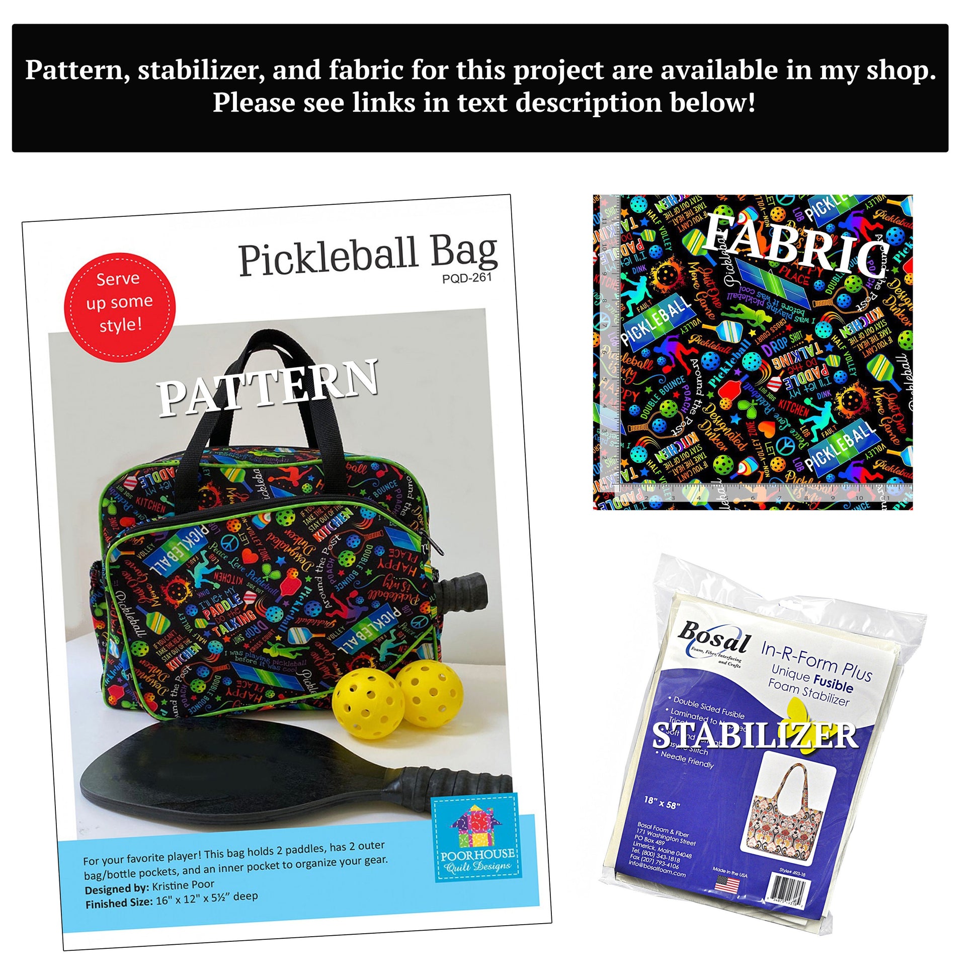 Pickleball bag sewing pattern - Physical paper pattern and instructions will be mailed to you