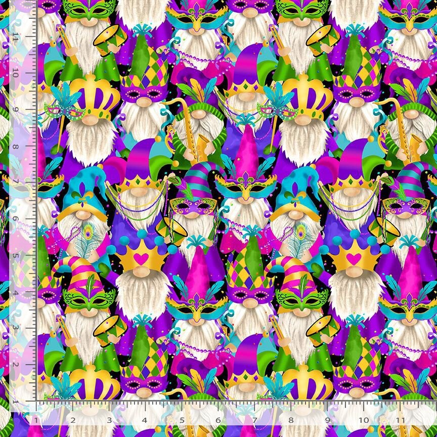 Mardi Gras Gnomes Fabric - Timeless Treasures - 100% cotton - Mardi Gras Parade Collection - Carnival French Quarter New Orleans