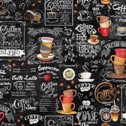 Coffee Chalkboard Fabric - Timeless Treasures - 100% Cotton - Just Brew It - Expresso Latte Cappuccino