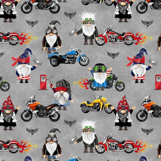 Biker Gnomes Fabric - Timeless Treasures - 100% cotton - Motorcycle Club