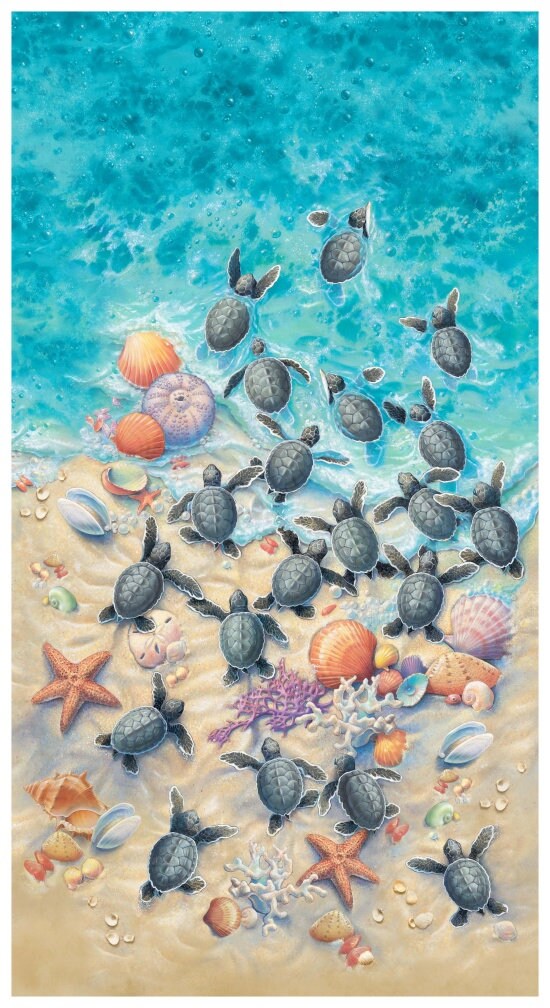 Baby Sea Turtle Panel 24" x 44" - Elizabeth's Studio - 100% Cotton fabric - Race to Safety Beach Panel - Shells Coral Starfish Sand