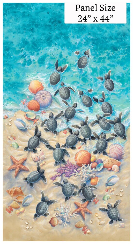 Baby Sea Turtle Panel 24" x 44" - Elizabeth's Studio - 100% Cotton fabric - Race to Safety Beach Panel - Shells Coral Starfish Sand