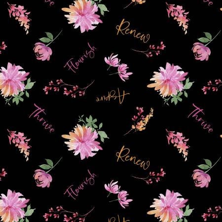 Black Word Toss - Wilmington Prints - 100% Cotton - Floral Party Collection - Renew Flourish Aspire Thrive Flower Fabric