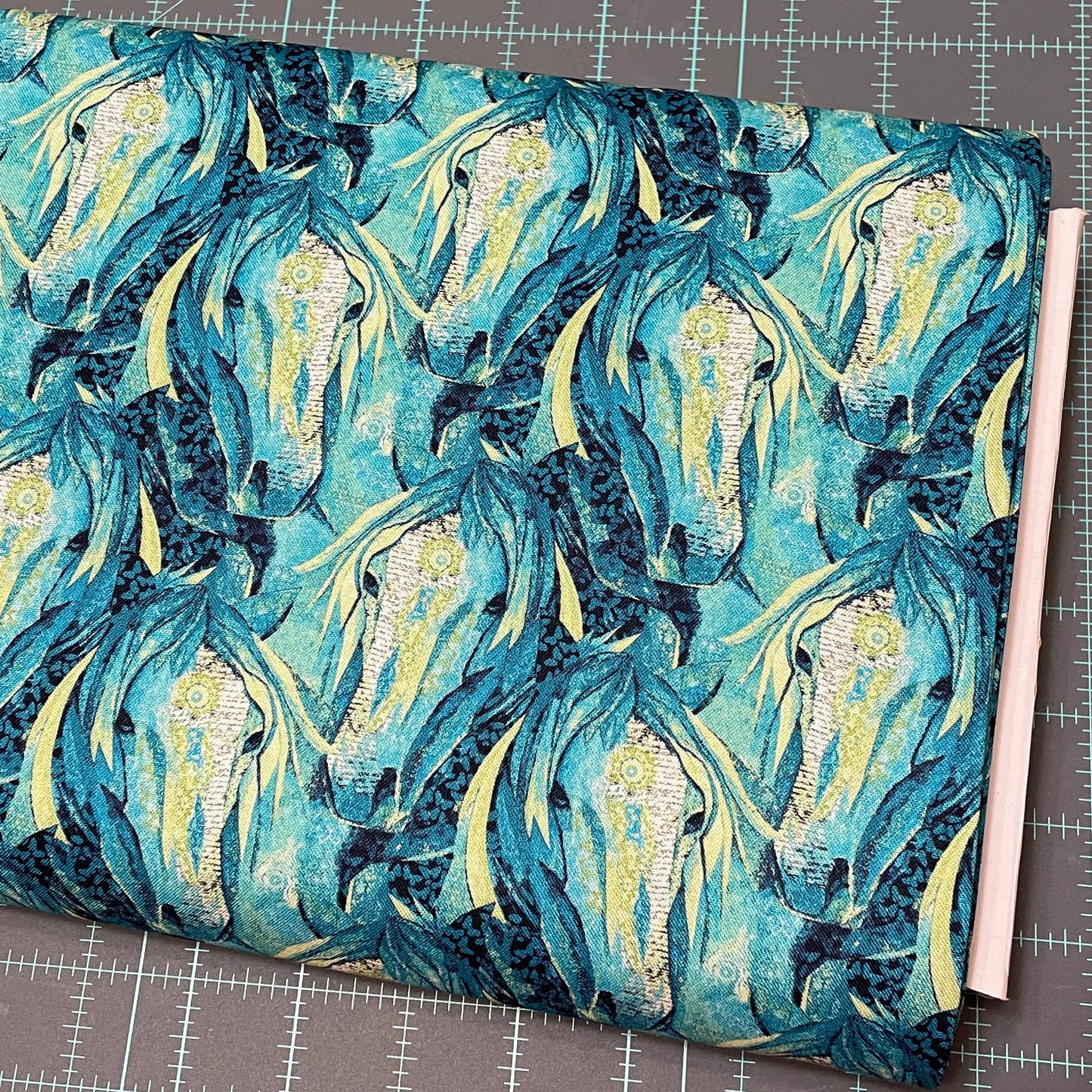 Horse Fabric - Aqua Small Horse Heads Allover - Dream Horses - Studio E - 100% Cotton - Animal Western Quilting Cotton