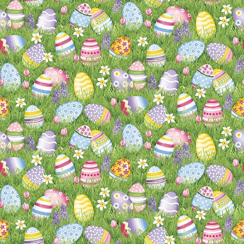 Easter Eggs on Grass - Henry Glass - Hoppy Hunting - 100% Cotton - Easter Fabric