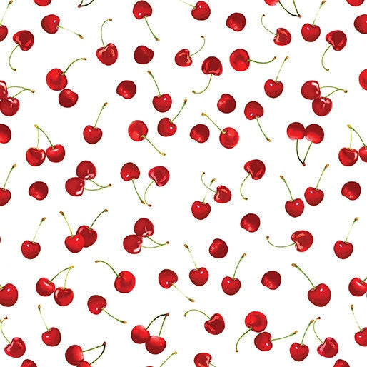 Cherry fabric - Cute Cherries White - 100% Cotton - Kanvas Studios for Benartex - food theme cherry material
