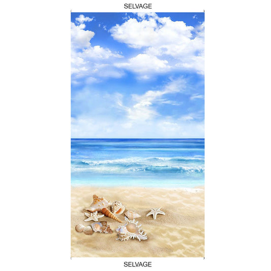 Beach Panel 24" x 44" - Beachcomber Panel with Shells by Timeless Treasures - 100% Cotton fabric - Shells Sand