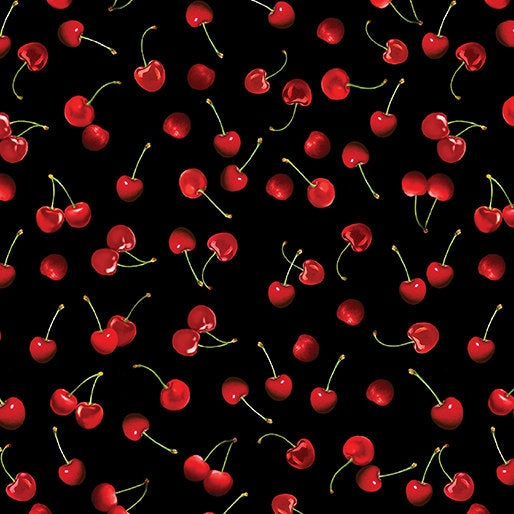 Cherry fabric - Cute Cherries Black - 100% Cotton - Kanvas Studios for Benartex - food theme cherry material