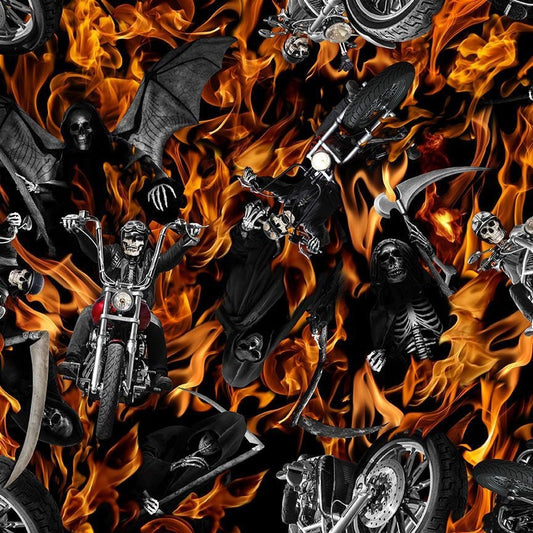 Skeletons Flaming Motorcycles Fabric - Timeless Treasures - 100% cotton - Motorcycle Club Reaper's Ride Biker Flames