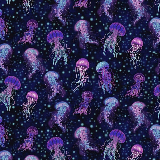 Bioluminescent Jellyfish Fabric - 100% Cotton - Timeless Treasures - Electric Ocean - Sea Life Beach Vacation Scuba Dive Swimming