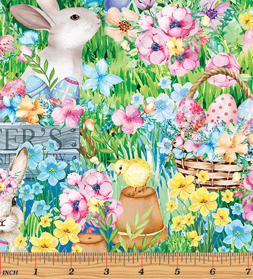 Easter Bunny Fabric - Garden Scenic Multi - Benartex - 100% Cotton - Basket Rabbits Chicks Eggs Garden Flowers
