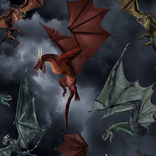 Dragon's Battle Fabric - Timeless Treasures - 100% Cotton - Dragon's Lair Collection - Multicolor material dragon theme